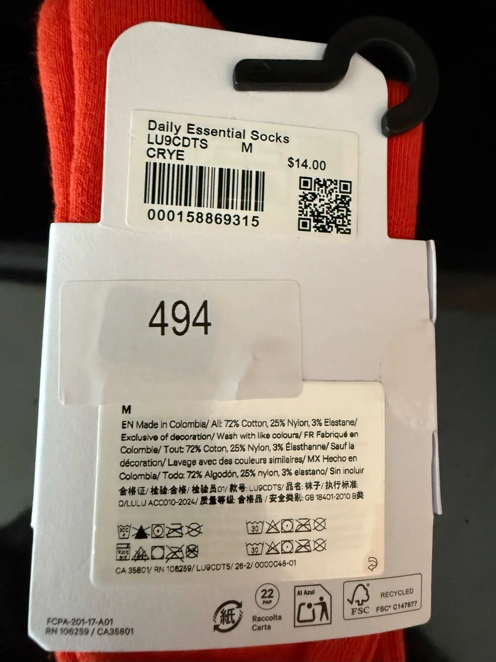 Lululemon Daily Essentials Crew Socks Cherry Ember